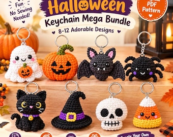 Häkelanleitungsset für Halloween-Schlüsselanhänger (ohne Nähen), 8 niedliche Amigurumi-Designs: Geist, Kürbis, Fledermaus, Katze, Spinne, Totenkopf, Hexenhut, Zuckermais (PDF)