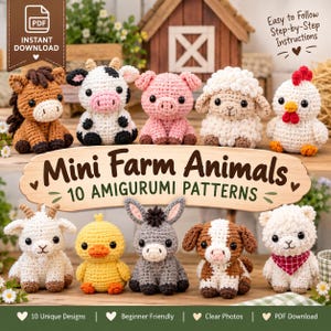 Puede incluir: Una colección de diez animales de granja tejidos en ganchillo amigurumi, incluyendo un caballo, vaca, cerdo, oveja, pollo, cabra, pato, burro, ternero y cordero. La imagen muestra el texto Mini Farm Animals 10 AMIGURUMI PATTERNS.