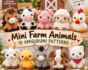 Lot de 10 patrons d'animaux de la ferme au crochet (PDF) : vache, cochon, mouton, poule, cheval, etc.