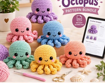 Crochet Octopus Pattern Bundle PDF, Giant Amigurumi Octopus PDF, 5 Cute Ocean Animal Patterns, Instant Download, Beginner Friendly