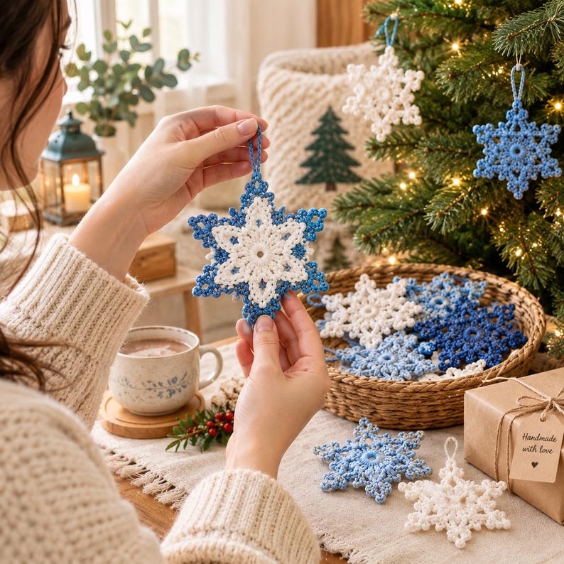 May include: A collection of crocheted snowflake ornaments in shades of white, light blue, and dark blue. Each snowflake features a delicate, intricate star-shaped pattern with a small loop at the top for hanging on a Christmas tree branch.