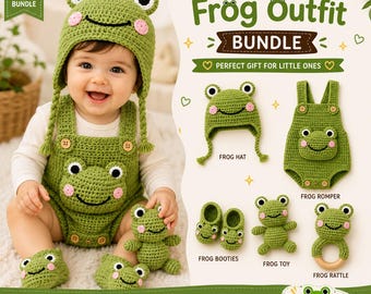 Häkelanleitungspaket für Frosch-Outfit (PDF): Froschmütze, Strampler, Babyschuhe, Spielzeug & Rassel, Babyhäkelanleitungen, süßes Geschenk fürs Kinderzimmer, Sofort-Download