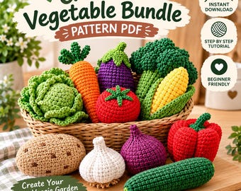 Häkelanleitungen für Gemüse-Amigurumi (PDF-Paket), Spielzeuganleitungen für Gemüse (PDF), Häkelanleitungen für Bauernhoftiere, niedliche Gemüsemuster, Sofort-Download