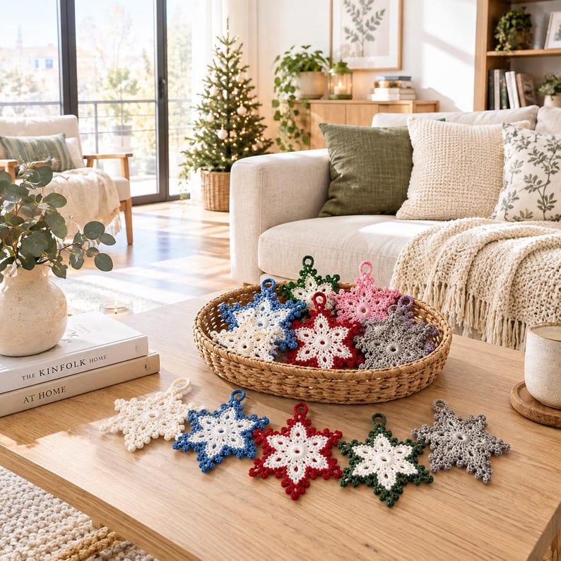 May include: A collection of handmade crochet snowflake ornaments in various colors including red, white, blue, green, pink, and grey. The ornaments are arranged in a woven basket and spread across a wooden surface, each featuring a loop for hanging.
