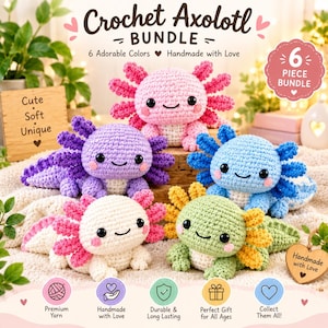 Peut inclure: Un ensemble de six peluches axolotl au crochet de différentes couleurs, notamment rose, violet, bleu, blanc et vert. Chaque jouet présente de grands yeux noirs, des joues roses et des branchies externes. Le texte indique Crochet Axolotl BUNDLE, 6 Adorable Colors, Handmade with Love, 6 PIECE BUNDLE, Cute Soft Unique, Premium Yarn, Handmade with Love, Durable & Long Lasting, Perfect Gift for All Ages, Collect Them All!