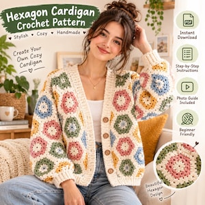 May include: A crochet cardigan pattern featuring a hexagon motif design in pastel pink, yellow, blue, and green colours. The document includes text for an instant PDF download, step-by-step instructions, a photo guide, and beginner-friendly labels.