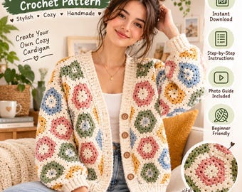 Häkelanleitung für eine sechseckige Strickjacke (PDF), Oma-Quadratpullover, DIY-Kleidung (Sofort-Download)