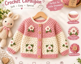 Crochet Cardigan Pattern, Baby Girl Crochet Sweater Pattern, Floral Cardigan PDF, Handmade Baby Gift, Instant Digital Download