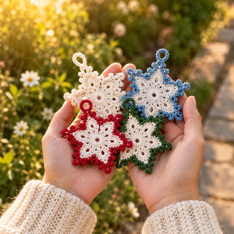 May include: Four crocheted snowflake ornaments featuring a central cream-colored star design with decorative borders in solid cream, light blue, red, and dark green. Each six-pointed ornament includes a small circular loop at the top for hanging.