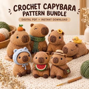 Puede incluir: Un paquete de patrones de ganchillo para capibaras en PDF digital que presenta siete figuras de capibara tejidas con varios accesorios, incluyendo una zanahoria, bufanda verde, flor amarilla, gorro azul, sandía, sombrero de paja y un pato amarillo.