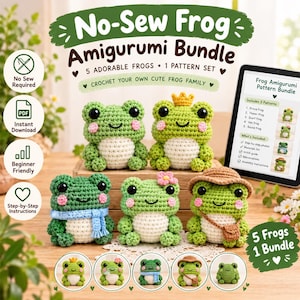 Puede incluir: Un paquete de patrones digitales para cinco ranas de ganchillo, con el texto No-Sew Frog Amigurumi Bundle, Crochet Your Own Cute Frog Family, y una tableta que muestra una lista de cinco patrones de ranas que incluyen príncipe, flor, bufanda, sombrero y redonda.