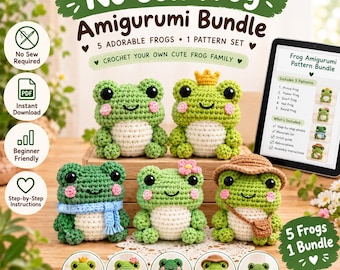 Häkelanleitungspaket für Frosch-Amigurumi (ohne Nähen), 5 niedliche Frosch-Designs, einfache Häkelanleitungen (PDF), DIY-Plüschtiere, sofortiger digitaler Download