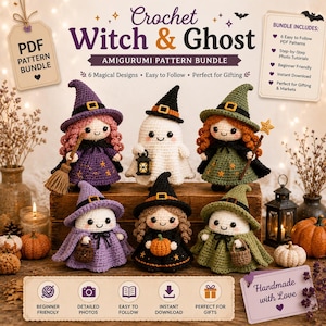 Virkat Halloween Amigurumi Mönsterpaket PDF, Häxa & Spöke Virkning PDF, 6 Spöklika Designs, Halloween Dekor DIY, Enkla Virkmönster