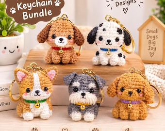 Crochet Dog Keychain Pattern Bundle PDF, Mini Puppy Amigurumi , Dog Bag Charm, Dog Keyring Crochet Pattern, Pet Lover DIY, Instant Download