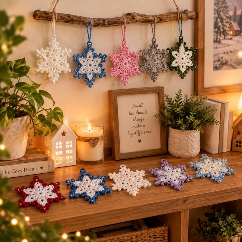 May include: A collection of crocheted snowflake ornaments in various colors including white, blue, pink, gray, green, red, and purple. Five snowflakes hang from a wooden branch, while five others are arranged on a wooden surface.