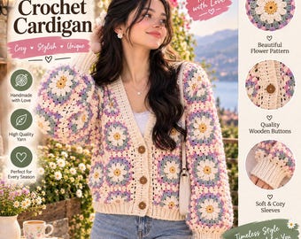 Crochet Cardigan Pattern, Flower Granny Square Sweater PDF, Floral Crochet Jacket Pattern, Boho Women's Cardigan, Instant Digital Download