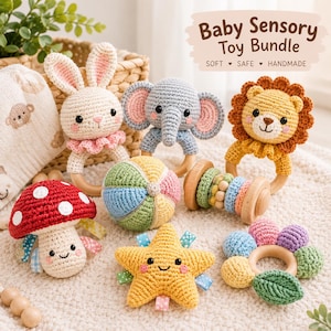 May include: A crochet baby sensory toy bundle featuring a rabbit, elephant, lion, mushroom, star, ball, and flower rattle. Each item is crafted with yarn and wooden rings, displaying text that reads Baby Sensory Toy Bundle SOFT SAFE HANDMADE.