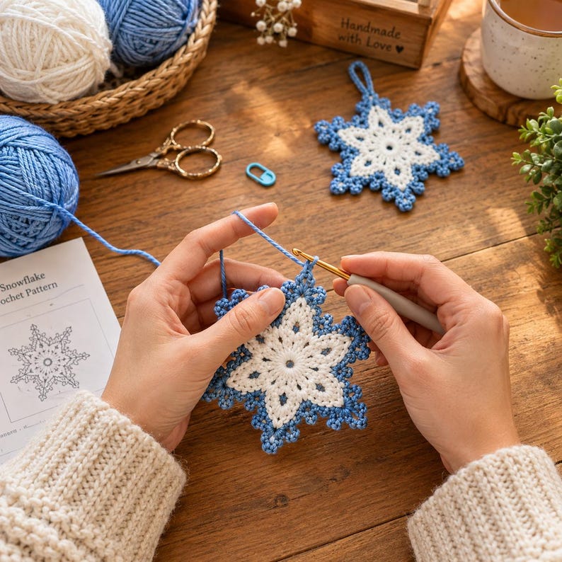 May include: A white and blue crocheted snowflake ornament being crafted with a metal crochet hook. The project includes a printed pattern sheet, a basket of yarn balls, a pair of scissors, and a finished snowflake ornament on a wooden surface.