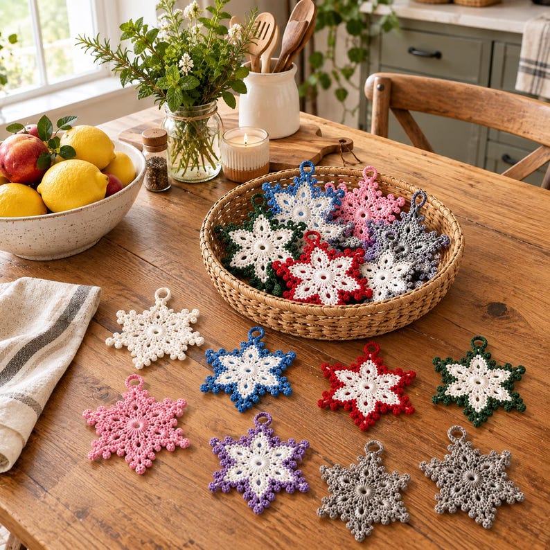 May include: A collection of crocheted snowflake ornaments in various colors including white, red, blue, pink, purple, green, and grey. Each snowflake features a central circular design with six points and a small loop at the top for hanging.