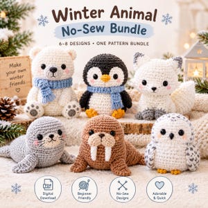 May include: A Winter Animal No-Sew Bundle pattern set featuring six crocheted figures: a white polar bear, a black and white penguin, a white fox, a gray seal, a brown walrus, and a white owl, all with black eyes and pink cheeks.