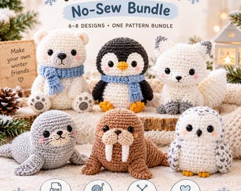 Häkelanleitungspaket für Wintertiere, Amigurumi-Anleitungen ohne Nähen (PDF), 6 niedliche Winterfreunde: Pinguin, Eisbär, Robbe u. v. m., Sofort-Download
