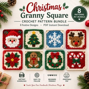 Christmas Granny Square Crochet Pattern Bundle PDF, 8 Festive Designs (PDF Instant Download)