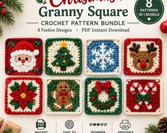 Christmas Granny Square Crochet Pattern Bundle PDF, 8 Festive Designs, Santa, Tree, Snowflake, Reindeer & Gingerbread PDF Instant Download