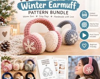 Häkelanleitung für Ohrenschützer (PDF-Bundle), Winter-Ohrenwärmer-Stirnband, Schneeflocken-Ohrenschützer, kuscheliges Häkelgeschenk, sofortiger digitaler Download