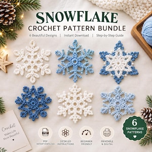 May include: A digital crochet pattern bundle titled SNOWFLAKE CROCHET PATTERN BUNDLE featuring 6 beautiful designs. The image displays six unique crocheted snowflake ornaments in shades of white, light blue, and dark blue on a neutral background.