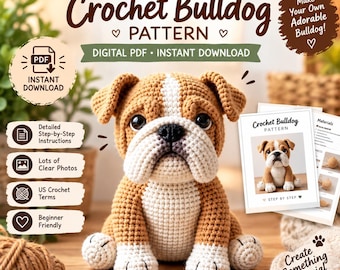 Crochet Bulldog Amigurumi Pattern PDF, Bulldog Crochet PDF, Stuffed Dog Toy Pattern, Easy Dog Amigurumi, Puppy DIY Pattern, Digital Download