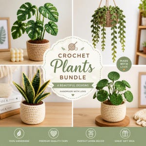 Puede incluir: Un conjunto de plantas de ganchillo con cuatro diseños de plantas verdes hechos a mano en macetas beige, incluyendo una monstera, una planta colgante, una sansevieria y una pilea. El texto central dice CROCHET Plants BUNDLE 4 BEAUTIFUL DESIGNS.