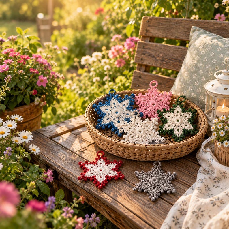 May include: A collection of six crocheted snowflake ornaments in various colors including blue, pink, white, green, red, and gray. Each snowflake features a central circular design with intricate radiating points and a small loop for hanging.