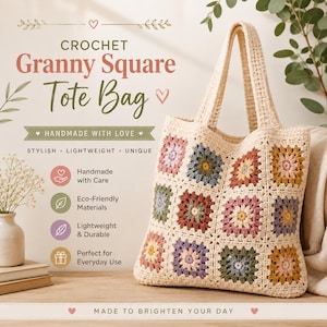 May include: A crochet tote bag constructed from multiple granny squares in muted tones of pink, yellow, blue, and green. The bag features two shoulder straps and a cream-colored border. Text on the image reads: CROCHET Granny Square Tote Bag.
