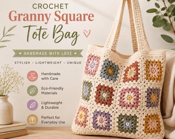 Crochet Granny Square Tote Bag Pattern, Floral Boho Shoulder Purse (PDF Download)