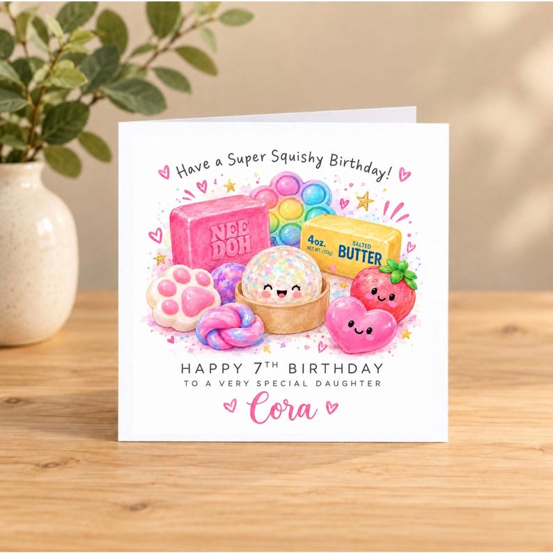 May include: A square birthday greeting card featuring a colorful illustration of squishy toys, a butter stick, and a strawberry with faces. Text reads: Have a Super Squishy Birthday! HAPPY 7TH BIRTHDAY TO A VERY SPECIAL DAUGHTER Cora.