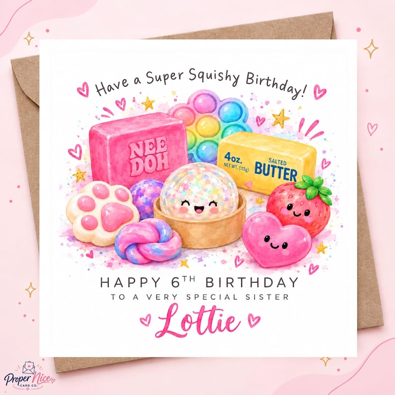 May include: A square birthday card featuring a colorful illustration of squishy toys, a block of butter, and a strawberry. Text reads: Have a Super Squishy Birthday! HAPPY 6TH BIRTHDAY TO A VERY SPECIAL SISTER Lottie. The design includes hearts and stars.