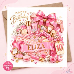Personalised Makeup Birthday Card for Girls, Pink Beauty Gift Box, Any Name & Age