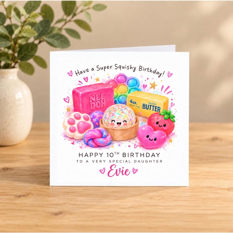 May include: A square birthday greeting card featuring colorful illustrations of a pink Nee Doh block, a pop-it toy, a butter stick, a paw print, a strawberry, and a smiley face ball. Text reads: Have a Super Squishy Birthday! HAPPY 10TH BIRTHDAY TO A VERY SPECIAL DAUGHTER Evie.