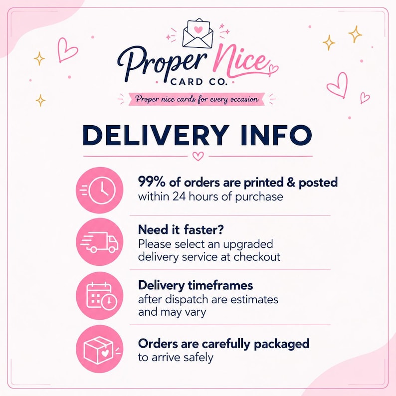 May include: A white informational graphic with pink accents featuring the Proper Nice Card Co. logo, text about delivery info, and four pink circular icons representing a clock, a delivery truck, a calendar, and a package with a heart.