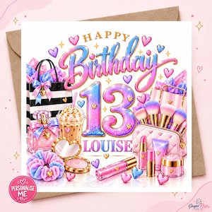 Personalised Makeup Birthday Card for Girls - Iced Coffee & Beauty Shopping, Tween Beauty Energy, Custom Name and Any Age