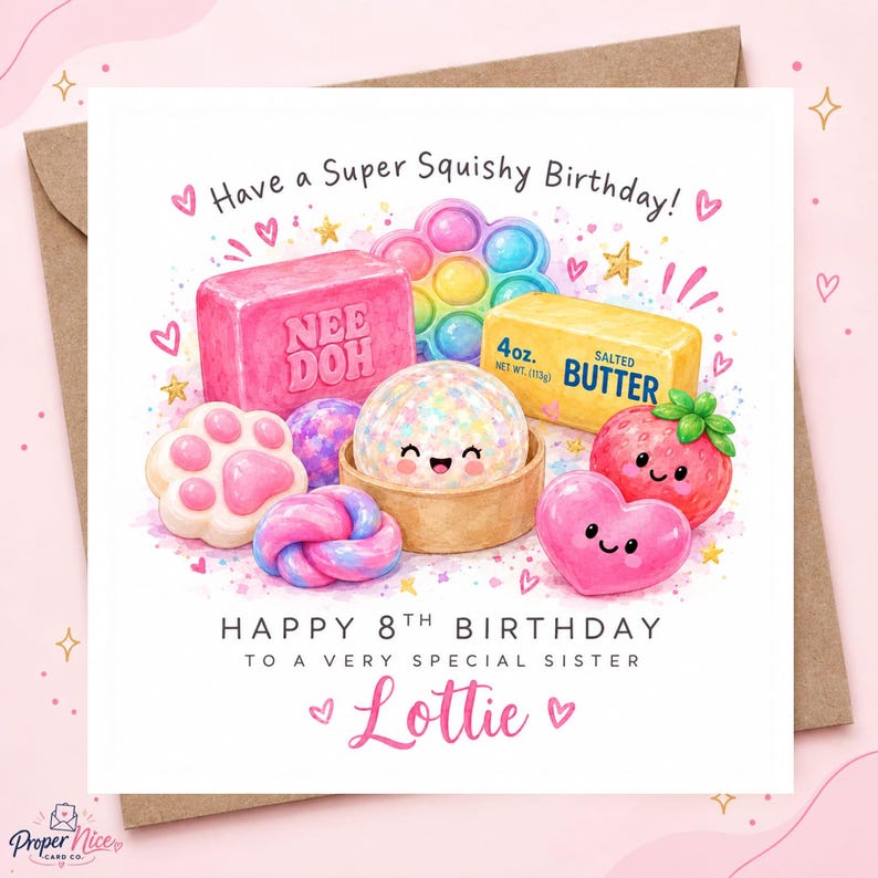 May include: A square birthday greeting card featuring a colorful illustration of squishy toys, a block of butter labeled 4oz, and a strawberry. Text reads: Have a Super Squishy Birthday! HAPPY 8TH BIRTHDAY TO A VERY SPECIAL SISTER Lottie.