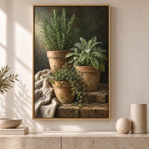 May include: A framed wall art print depicting three potted herbs in weathered terracotta pots. The arrangement includes a tall rosemary plant, a sage plant with broad leaves, and a trailing thyme plant, all set against a dark, textured background.