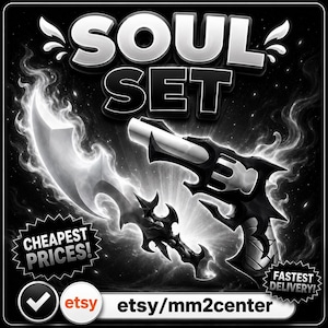 Può includere: Un grafico in bianco e nero con il testo SOUL SET, una lama curva stilizzata e un revolver. L'immagine include il testo CHEAPEST PRICES!, FASTEST DELIVERY! ed etsy/mm2center, insieme a un'icona di spunta e al logo Etsy.