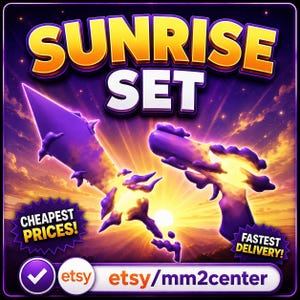 Può includere: Una grafica digitale con il testo SUNRISE SET, una spada e una pistola viola e arancioni, e il testo CHEAPEST PRICES!, FASTEST DELIVERY! ed etsy/mm2center. Lo sfondo mostra una luminosa alba su un paesaggio con nuvole di colore viola.