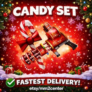 Puede incluir: Un bastón de caramelo rojo y blanco con un gran lazo rojo y un bláster de juguete mecánico rojo con patrones de bastón de caramelo, sobre un fondo rojo con copos de nieve, luces navideñas y el texto CANDY SET y FASTEST DELIVERY.