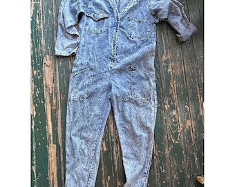 Vintage acid wash denim jumpsuit, blauw katoen, lange mouwen, knoopsluiting aan de voorkant, maat S (4-6)
