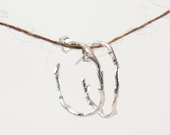 Sterling Silver Twig Hoop Earrings, Organic silver hoops