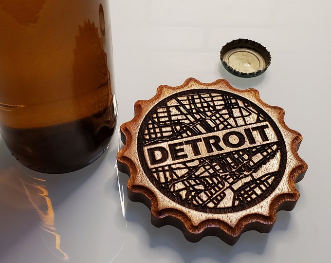 Featured listing image: Wooden Bottle Opener With Magnet | Engraved Map of Downtown Detroit