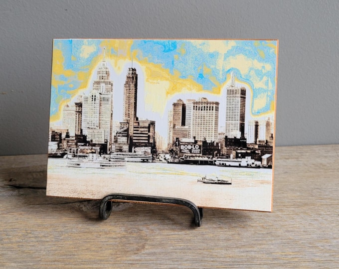 Featured listing image: Detroit River Skyline Wooden Postcard | Reclaimed Wooden Wall Décor