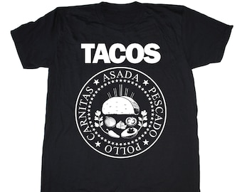 Men's TACOS Ramones Shirt, funny Taco Tuesday shirt, Mexican t-shirt, Foodie Shirt, Chef, Punk Rock, Asada Pescado Pollo Carnitas Al Pastor